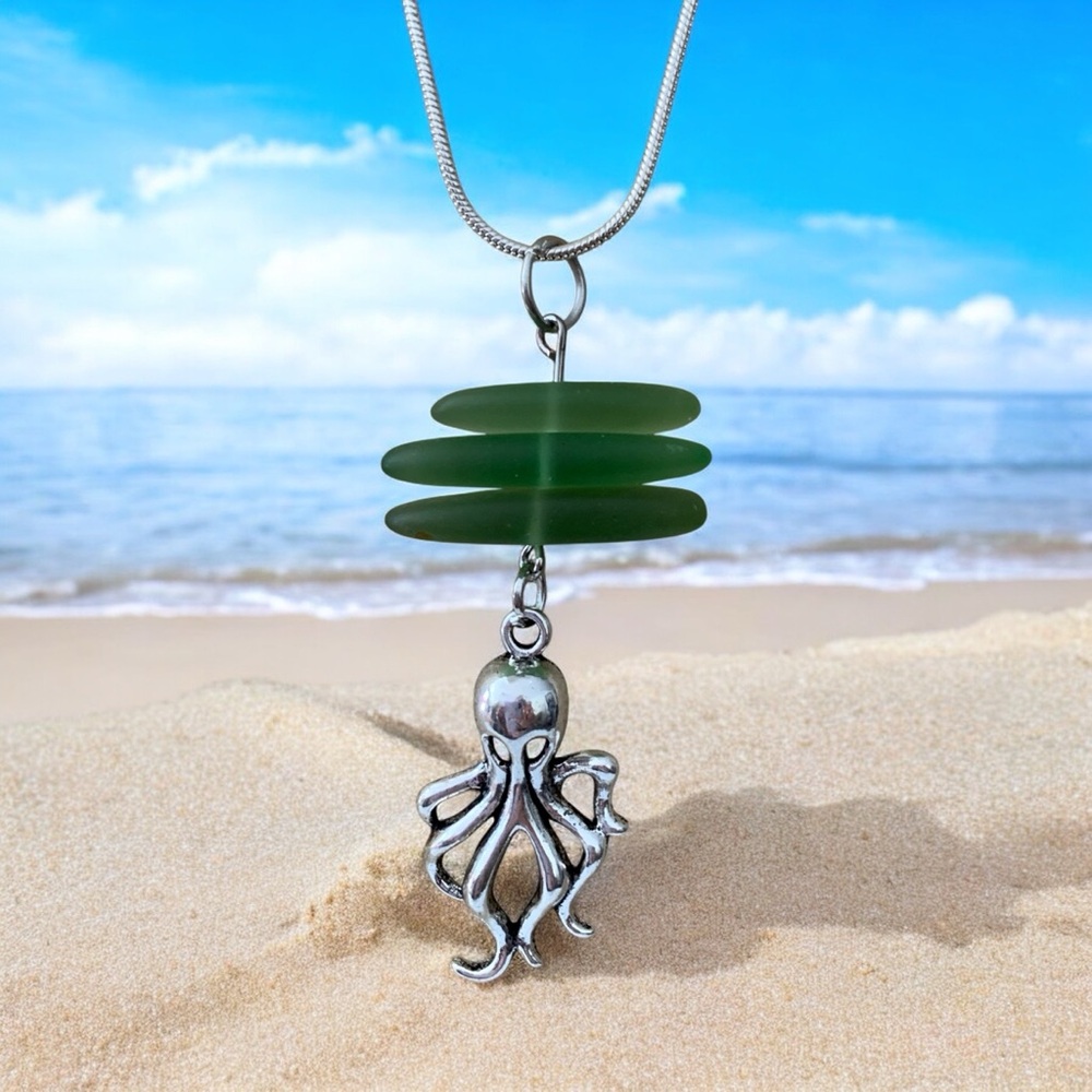 Green Sea Glass and Silver Octopus Pendant Necklace
